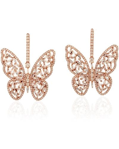 Artisan Rose Gold Baguette Diamond Butterfly Dangle Earrings Handmade - Multicolour