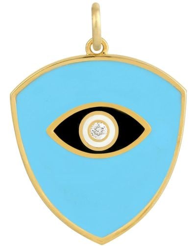 Artisan 14k Solid Gold Shield & Evil Eye Sign Pave Natural Diamond Enamel Pendant - Blue