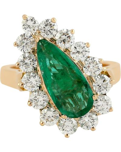 Artisan 18k Yellow Gold Pear Shape Emerald Diamond Cocktail Ring - Green