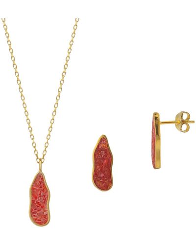 Spero London Molten Coral & Amber Sterling Silver Gold Plated Earring & Necklace Set - White
