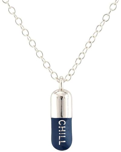 Kris Nations Chill Pill Enamel Necklace Sterling Silver, Navy Blue - White
