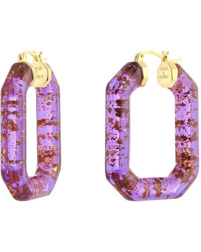 Gold & Honey Emerald Gemstone Lucite Hoop Earrings In Purple With Gold Leaf - Pink