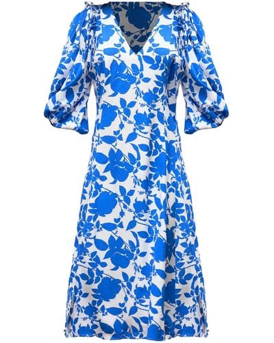 Lavaand The Sienna Puff Sleeve Frill Midi Dress - Blue