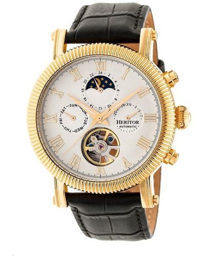 Heritor Winston Semi-skeleton Leather-band Watch With Day And Date - Metallic