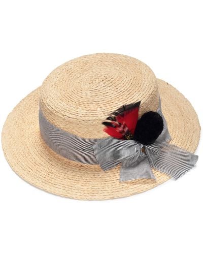 Justine Hats Neutrals Straw Boater With A Feather - Multicolour