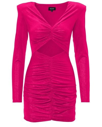 BLUZAT Fuchsia Shimmery Mini Dress With Structured Shoulders - Pink