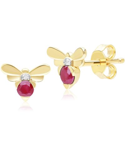 Gemondo Honeycomb Inspi Ruby & Diamond Bee Stud Earrings In Yellow Gold - Metallic