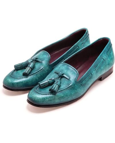 oeurs Claude, Hand-painted Patina Loafer Slipper Turquoise - Blue