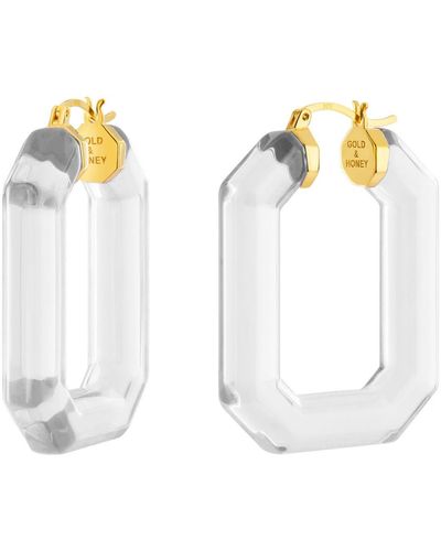 Gold & Honey Emerald Gemstone Lucite Hoop Earrings In Clear - White