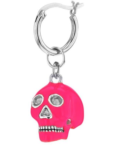 True Rocks Neon Pink & Sterling Silver Mini Skull On A Silver Hoop Earring - Red