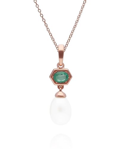 Gemondo Modern Pearl & Emerald Pendant In Rose Gold Plated Silver - Green