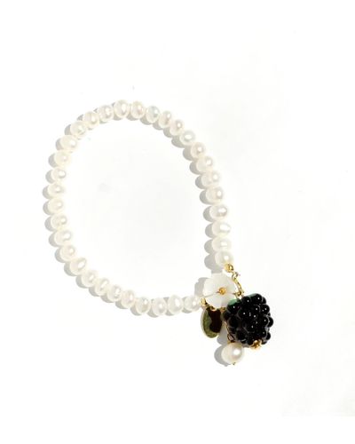 I'MMANY LONDON Very Berry Freshwater Pearl Bracelet With Lampwork Glass Berry And Mother Of Pearl Flower Charm - White
