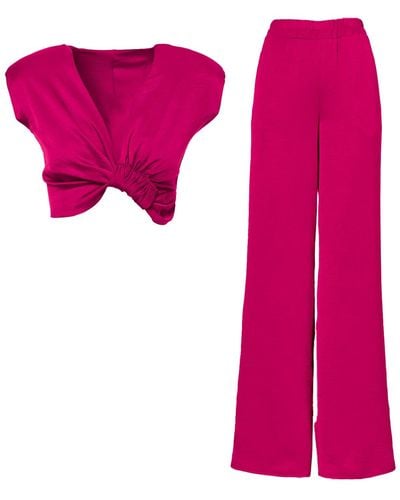 BLUZAT Fuchsia Set With Top With Knot And Wide Leg Pants - Pink