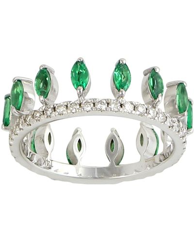 Artisan 14k White Gold & Diamond With Marquise Tsavorite Crown Ring - Green