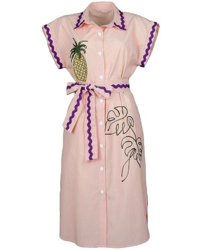 Lalipop Design Pinstripe Cotton Shirtdress With Pineapple Embroidery - Pink