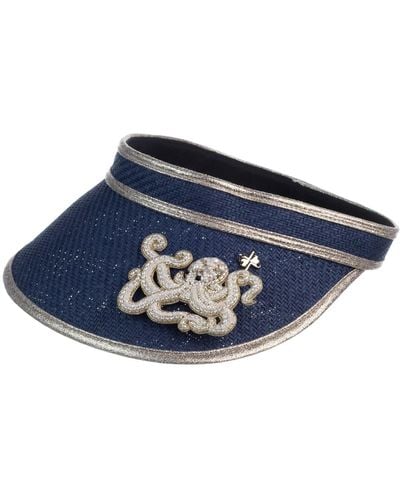 Laines London Straw Woven Visor With Beaded Octopus Brooch - Blue