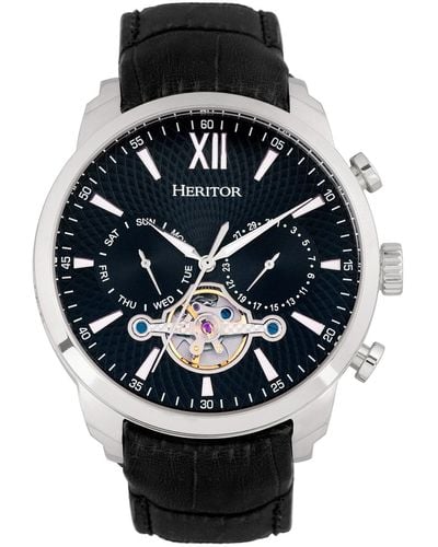 Heritor Arthur Semi-skeleton Leather-band Watch With Day And Date - Black