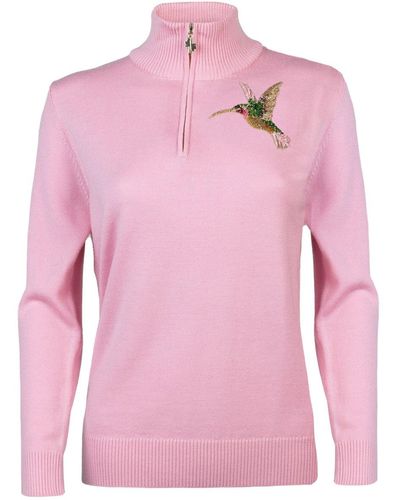Laines London Laines Couture Quarter Zip Jumper With Embellished Hummingbird - Pink