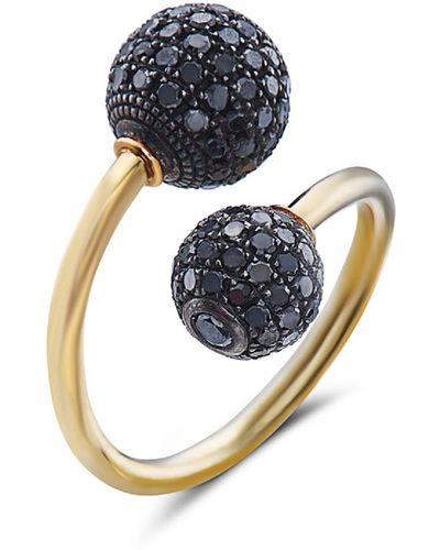 Artisan 18k Yellow Gold & Silver With Black Diamond Ball Bypass Ring - Blue