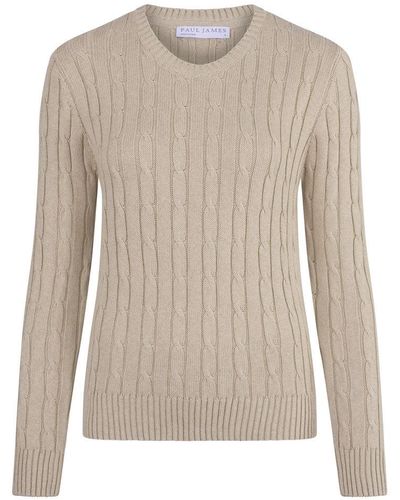 Paul James Knitwear Womens 100% Cotton Crew Neck Taylor Cable Sweater - Natural