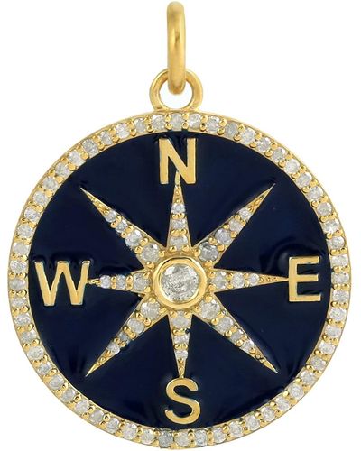 Artisan 14k Yellow Gold With Natural Diamond Compass Travel Pendant - Blue