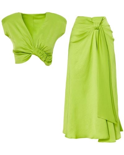 BLUZAT Neon Set With Knotted Top And Midi Skirt - Green