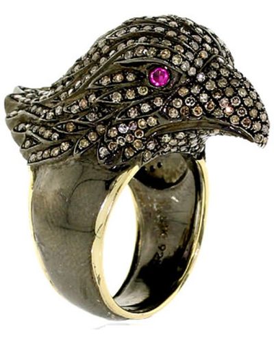 Artisan Eagle Design Ring Ruby Pave Diamond 925 Sterling Silver 14k Gold Jewellery - Green