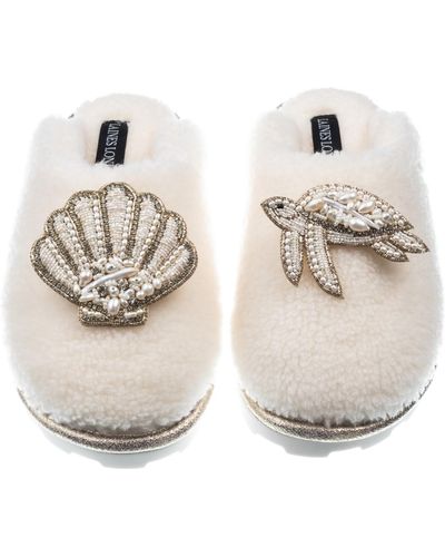 Laines London Teddy Closed Toe Slippers With Pearl Beaded Turtle & Shell Brooches - Metallic
