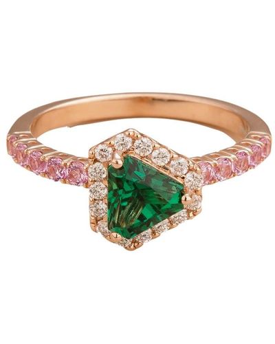 Juvetti Diana Rose Gold Ring Emerald, Diamonds & Pink Sapphires - White
