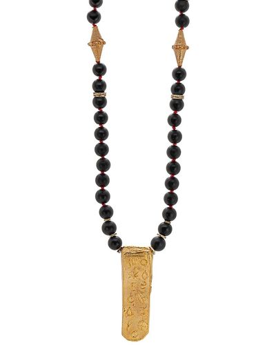 Ebru Jewelry Gold Egyptian Symbols Unique Pendant Black Onyx Stone Beaded Necklace - Metallic