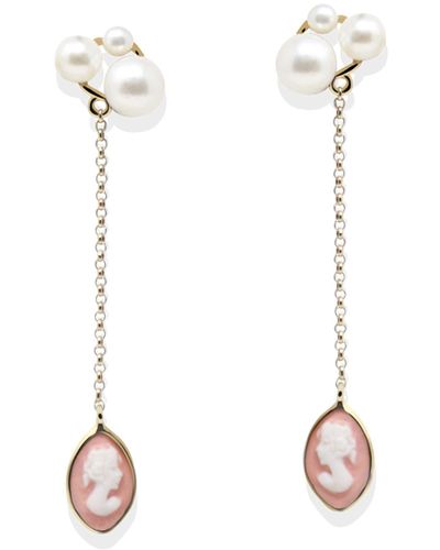 Vintouch Italy Lilith Gold-plated Pink Cameo And Pearl Drop Earrings - White