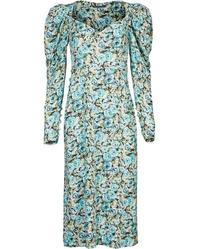 Lavaand The Genevieve Puff Sleeve Midi Dress In Floral - Blue