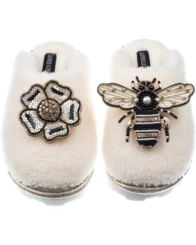 Laines London Teddy Closed Toe Slippers With Butterfly & Flower Brooches - Metallic
