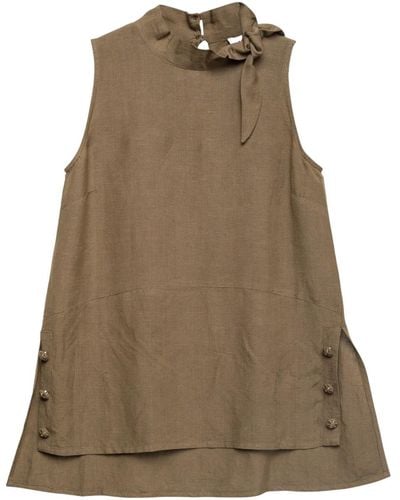 Niza Knotted Sleeveless Linen Blouse - Brown