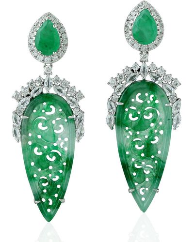 Artisan 18k White Gold Carving Jade Emerald Sapphire Diamond Earrings - Green