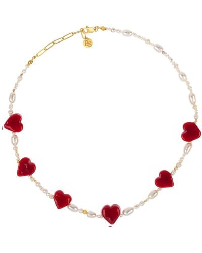 Bonjouk Studio Cross My Heart Natural Pearl Necklace - Red
