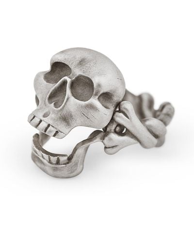 Snake Bones Skull & Crossbones Ring With Hinged Jaw - Metallic