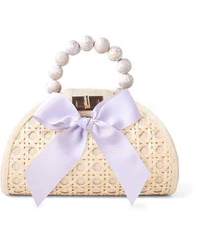 Soli & Sun Neutrals The Arabella Cream, Lilac Bow, Shell Inlay Bead Rattan Woven Handbag - Pink