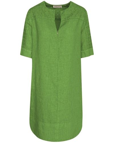 Haris Cotton Linen Front Zip Dress With Embroidered Panels - Green