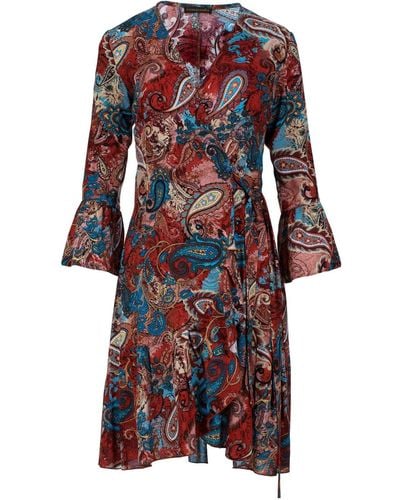 Conquista Paisley Print Viscose Wrap Dress With Bell Sleeves - Red