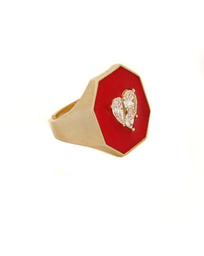 Ebru Jewelry Valentines Red Enamel Diamond Heart Gold Ring