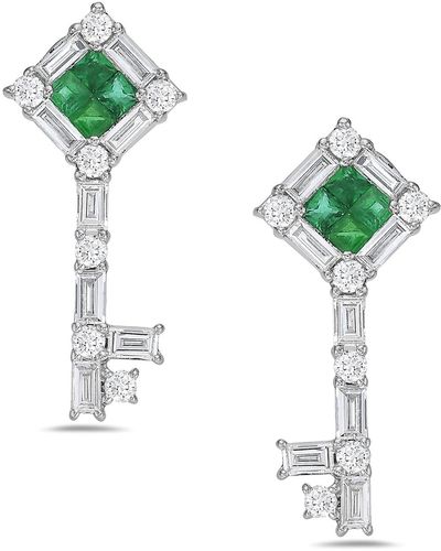 Artisan 18k White Gold With Baguette Shape Diamond & Emerald Key Design Dangle Earrings - Green
