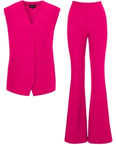 BLUZAT Fuchsia Suit With Oversized Vest And Flared Pants - Pink