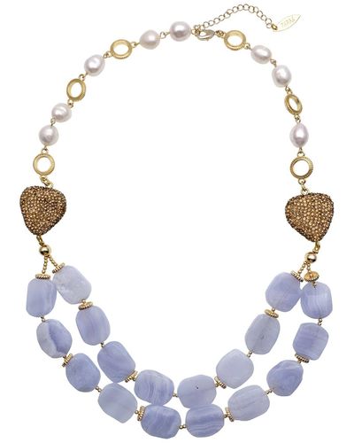 Farra Blue Lace Agate With Fresh Water Charm Double Layers Necklace