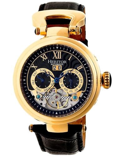 Heritor Ganzi Semi-skeleton Leather-band Watch With Day And Date - Metallic