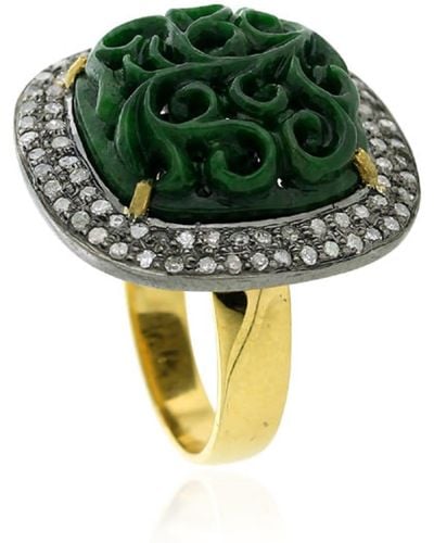 Artisan 18k Gold Carved Jade Vintage Cocktail Ring Gemstone Diamond - Green