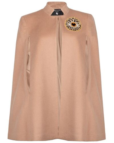 Laines London Neutrals Laines Couture Wool Blend Cape With Embellished Leopard Eye - Natural