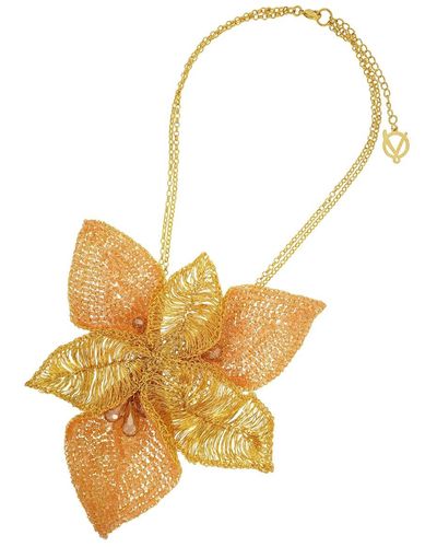 Lavish by Tricia Milaneze / Neutrals Peach & Gold Rose Maxi Flower Handmade Crochet Necklace - Orange