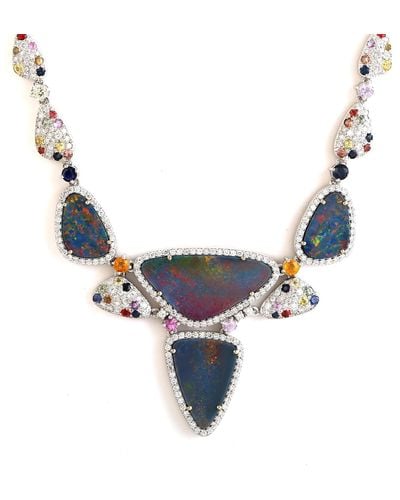 Artisan 18k White Gold Diamond Opal Doublet Multi Sapphire Designer Necklace - Blue