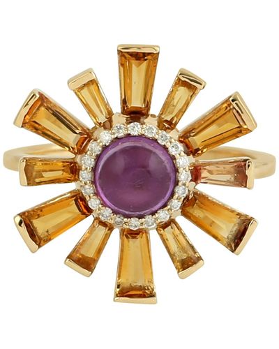 Artisan 18k Solid Gold In Tapered Baguette Citrine & Amethyst Pave Diamond Cocktail Ring - Metallic